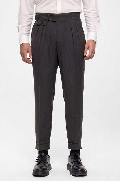 Men's Anthracite High Waist (Boyfriend) Pleated Fabric Trousers With Buckle Belt
