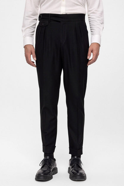 Men's Black High Waist (Boyfriend) Pleated Fabric Trousers With Buckle Belt