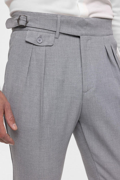 Men's Light Grey High Waist (Boyfriend) Pleated Fabric Trousers With Buckle Belt