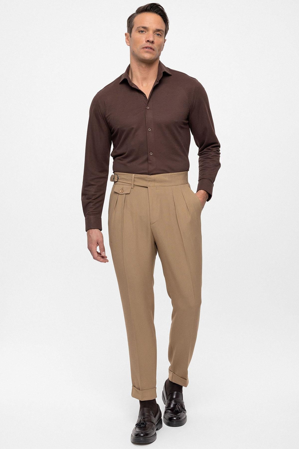 Men's Camel High Waist (Boyfriend) Pleated Fabric Trousers With Buckle Belt