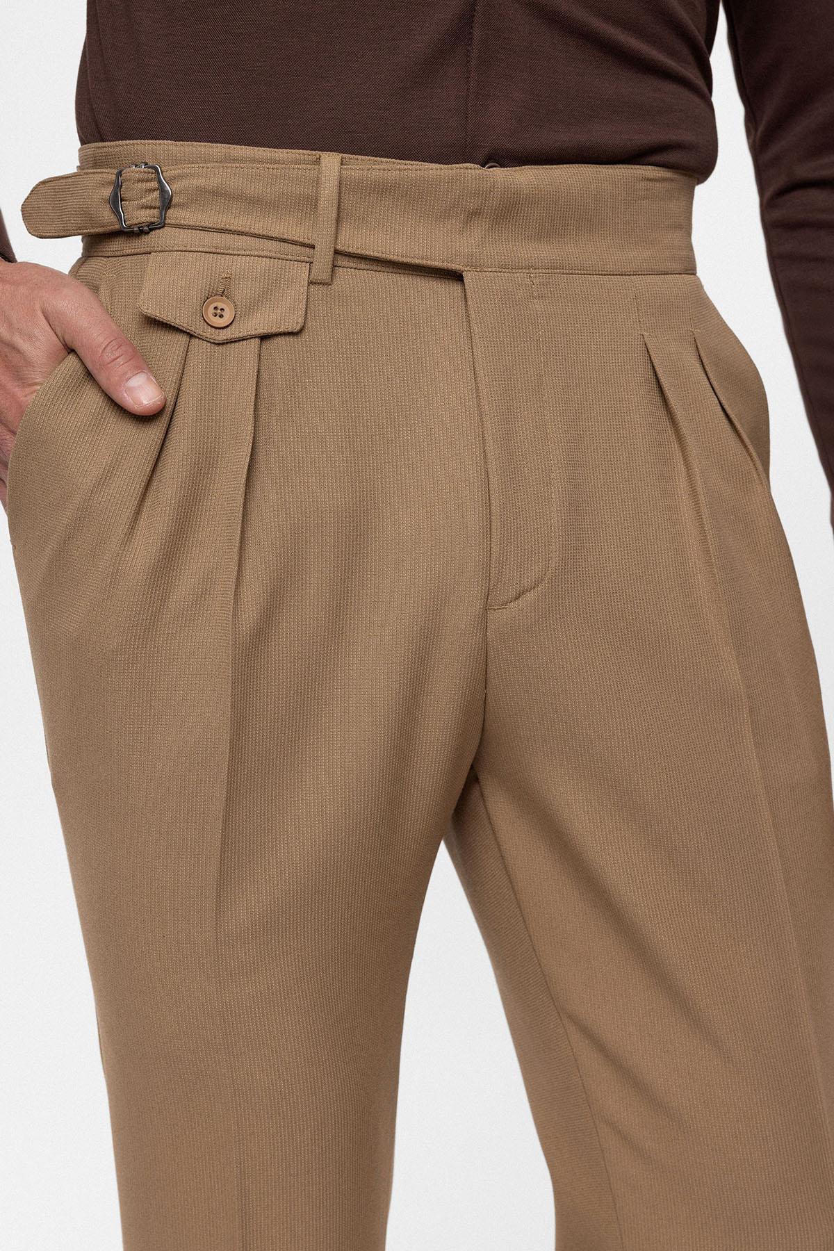 Men's Camel High Waist (Boyfriend) Pleated Fabric Trousers With Buckle Belt
