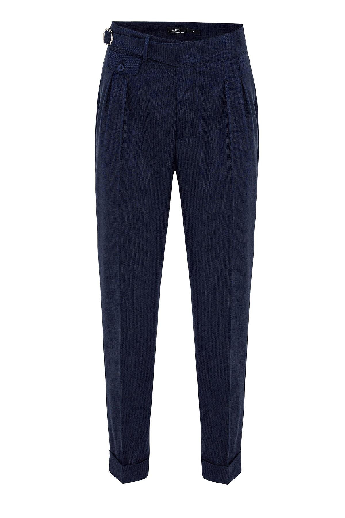 Men's Navy Blue High Waist (Boyfriend) Pleated Fabric Trousers With Buckle Belt