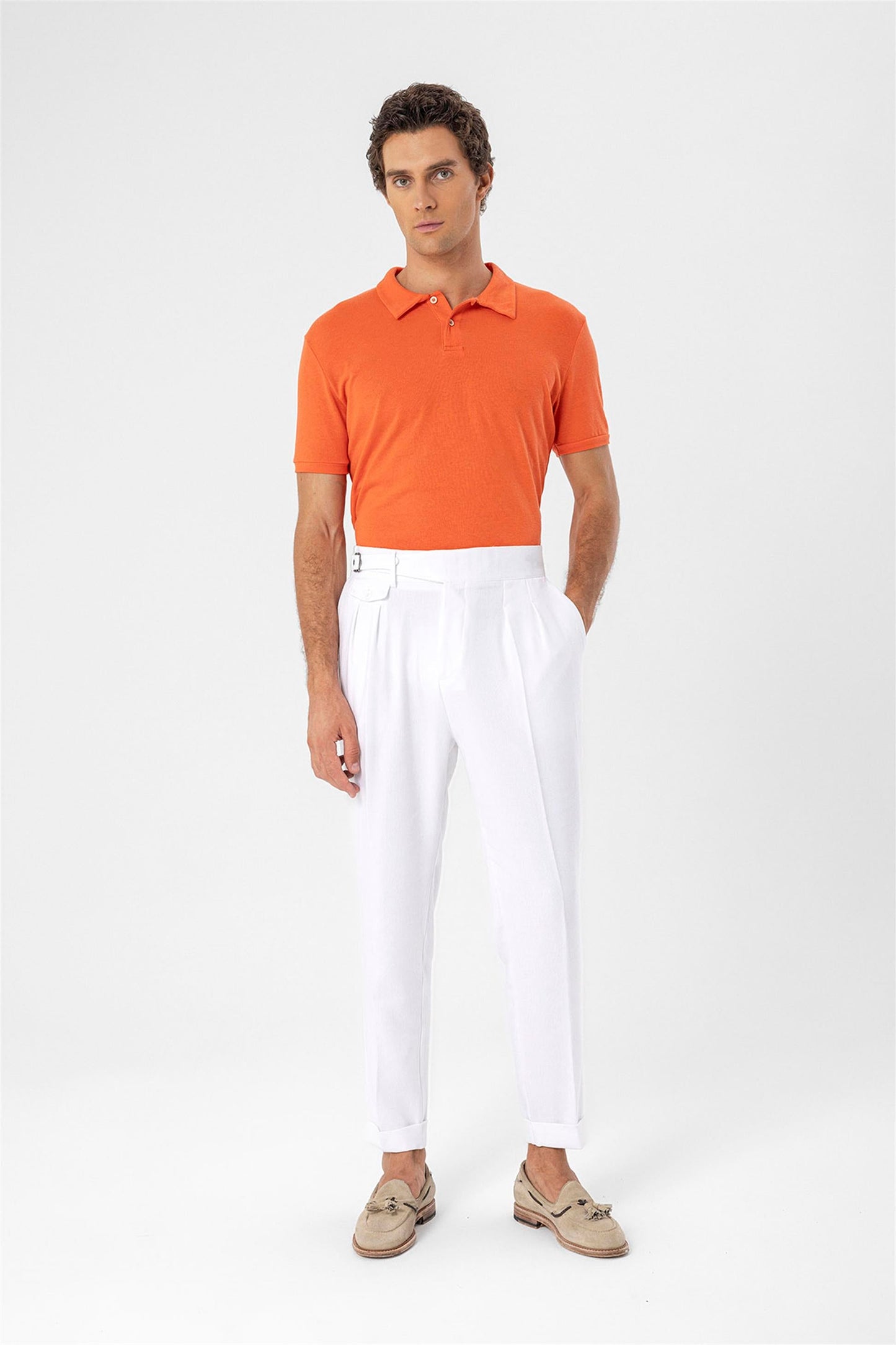 Men's White High Waist (Boyfriend) Pleated Fabric Trousers With Buckle Belt