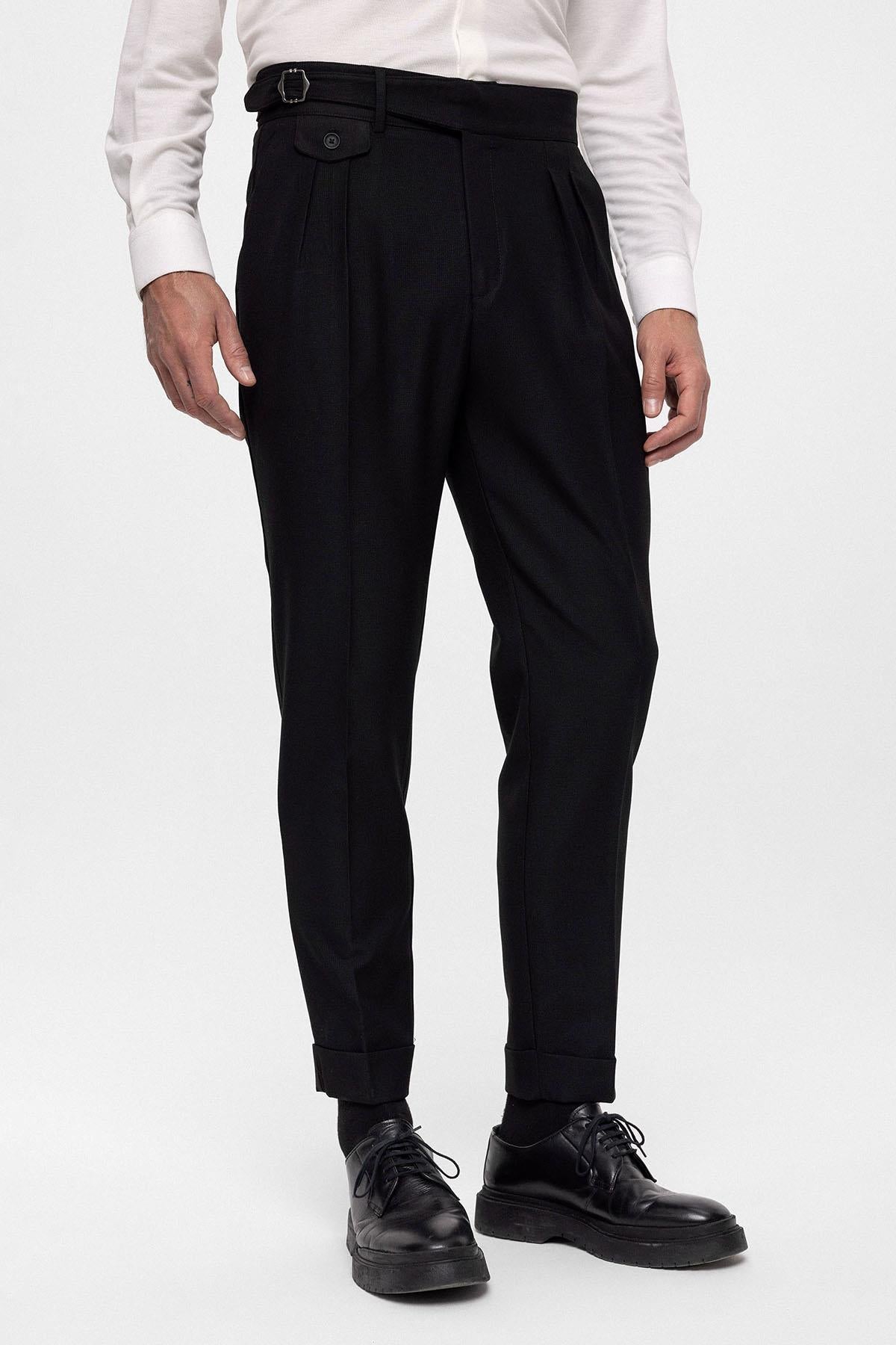 Men's Black High Waist (Boyfriend) Pleated Fabric Trousers With Buckle Belt