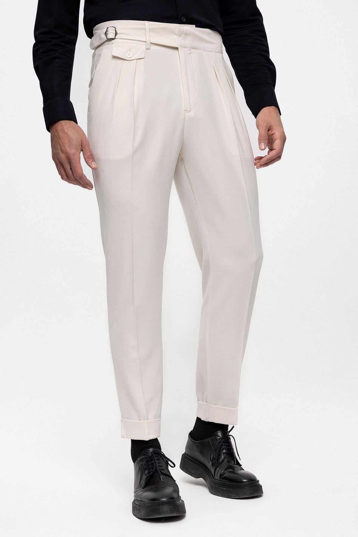 Men's Ecru High Waist (Boyfriend) Pleated Fabric Trousers With Buckle Belt