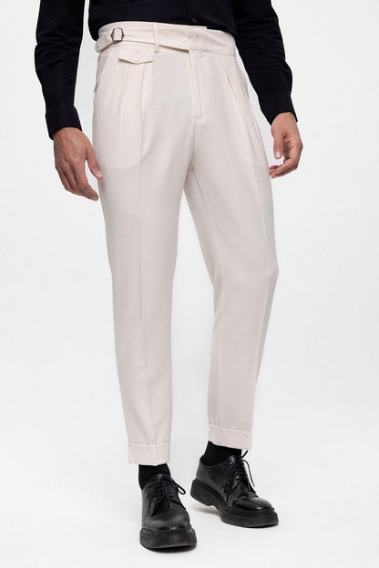 Men's Ecru High Waist (Boyfriend) Pleated Fabric Trousers With Buckle Belt