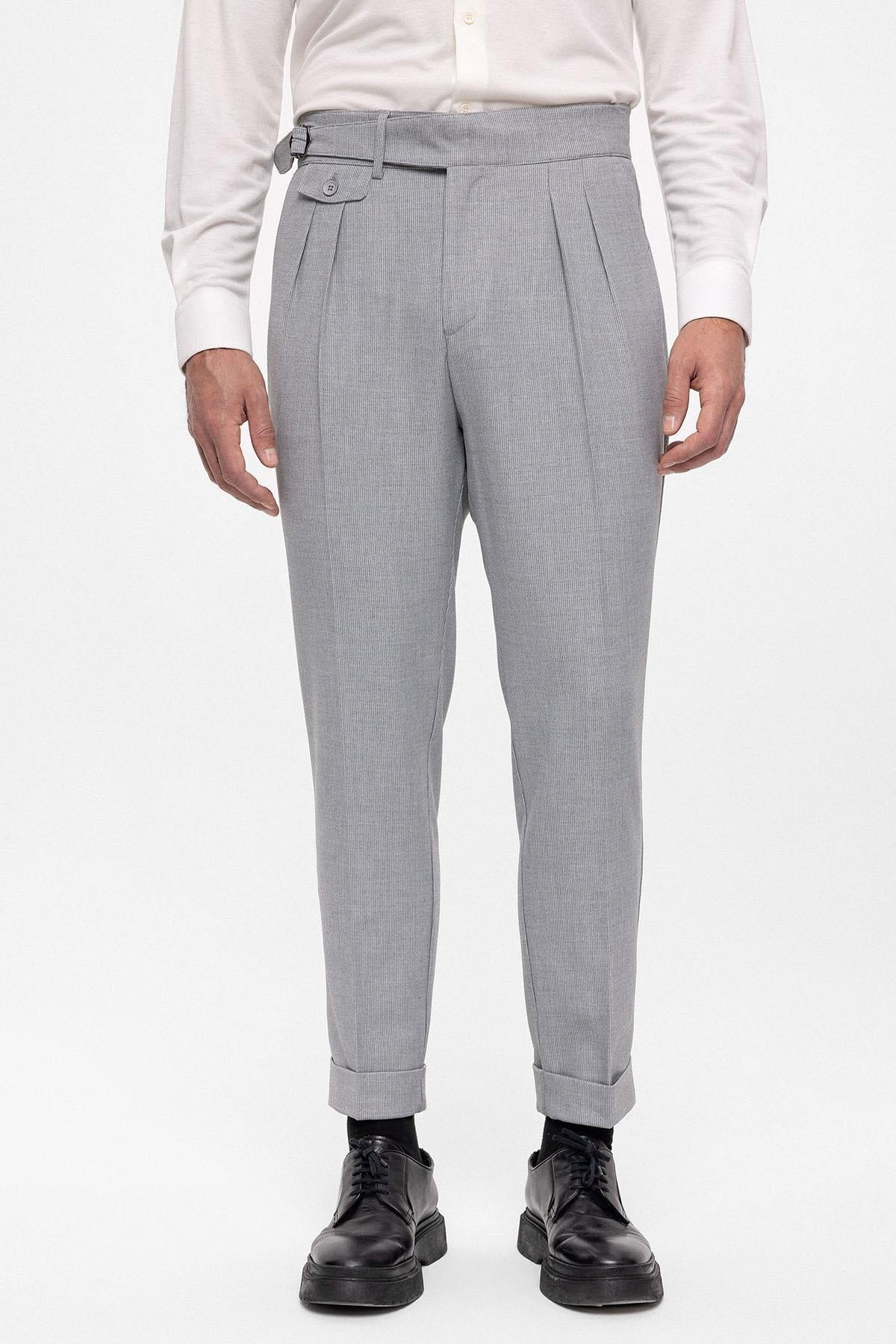 Men's Light Grey High Waist (Boyfriend) Pleated Fabric Trousers With Buckle Belt