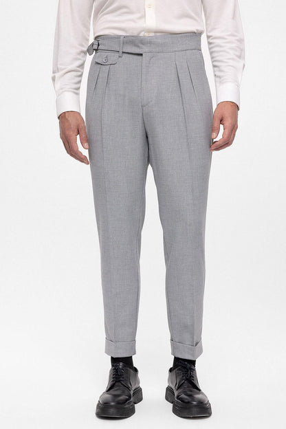 Men's Light Grey High Waist (Boyfriend) Pleated Fabric Trousers With Buckle Belt
