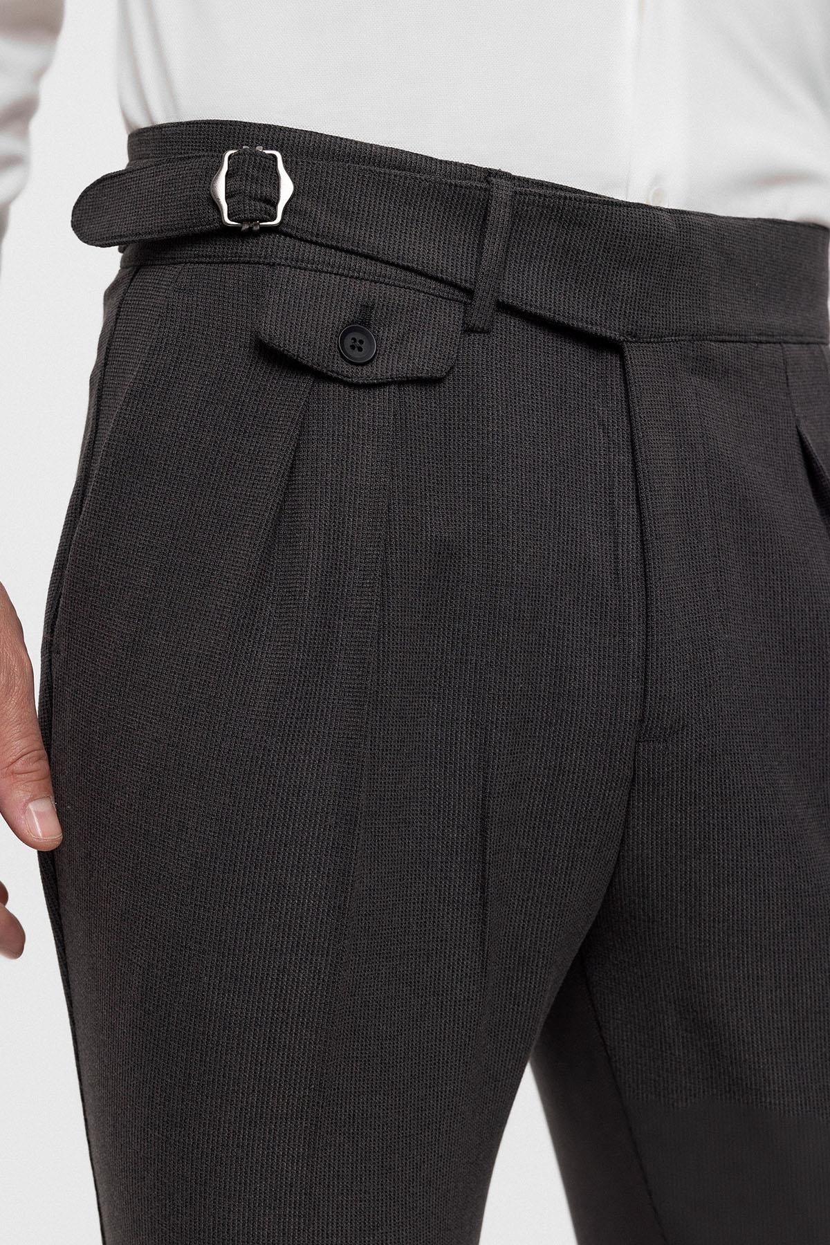 Men's Anthracite High Waist (Boyfriend) Pleated Fabric Trousers With Buckle Belt