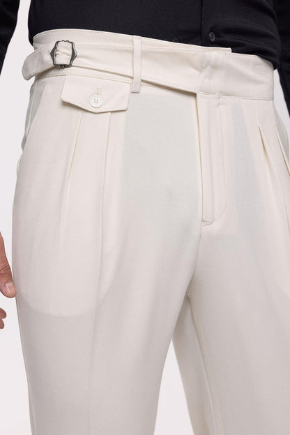 Men's Ecru High Waist (Boyfriend) Pleated Fabric Trousers With Buckle Belt