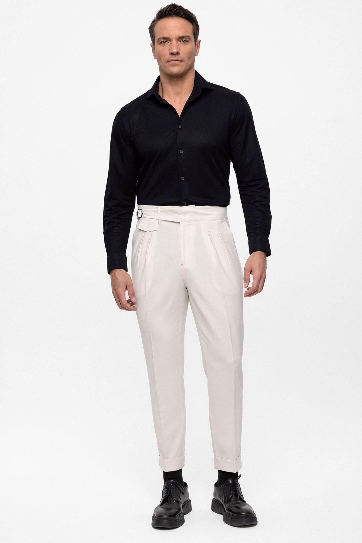 Men's Ecru High Waist (Boyfriend) Pleated Fabric Trousers With Buckle Belt