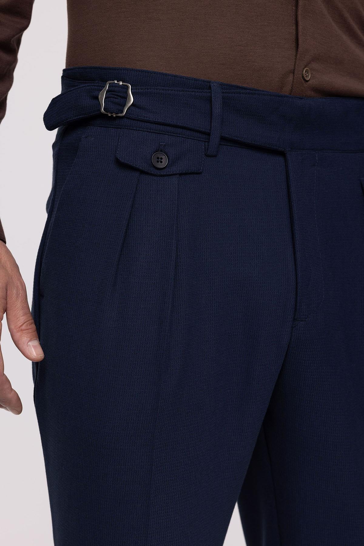 Men's Navy Blue High Waist (Boyfriend) Pleated Fabric Trousers With Buckle Belt