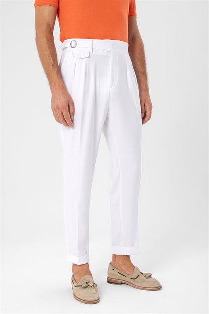 Men's White High Waist (Boyfriend) Pleated Fabric Trousers With Buckle Belt