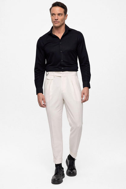 Men's Ecru High Waist (Boyfriend) Pleated Fabric Trousers With Buckle Belt