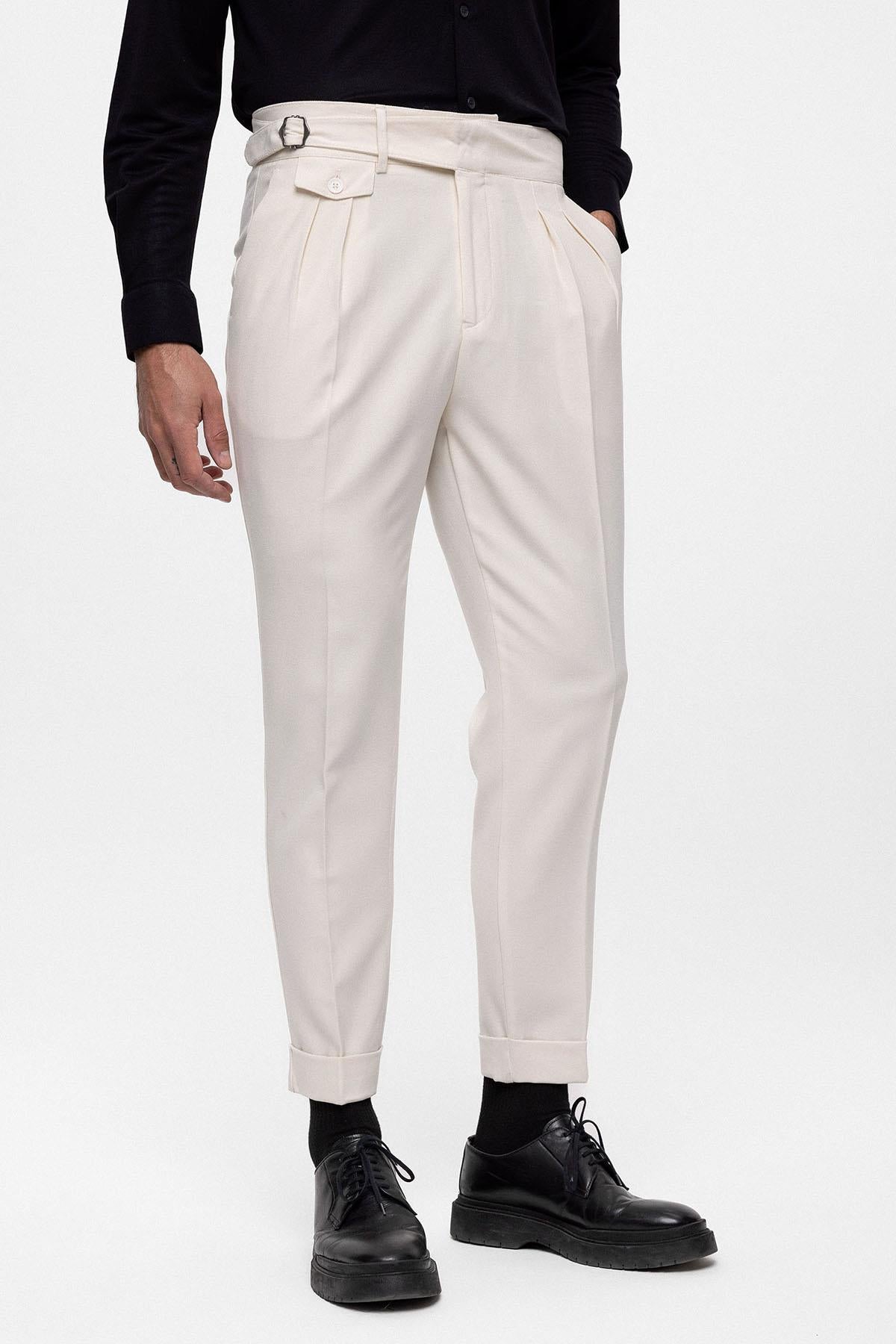 Men's Ecru High Waist (Boyfriend) Pleated Fabric Trousers With Buckle Belt