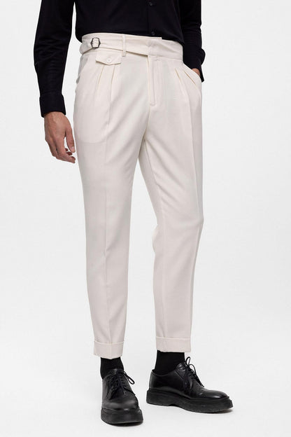 Men's Ecru High Waist (Boyfriend) Pleated Fabric Trousers With Buckle Belt