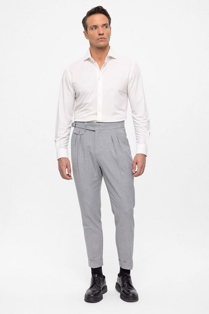 Men's Light Grey High Waist (Boyfriend) Pleated Fabric Trousers With Buckle Belt