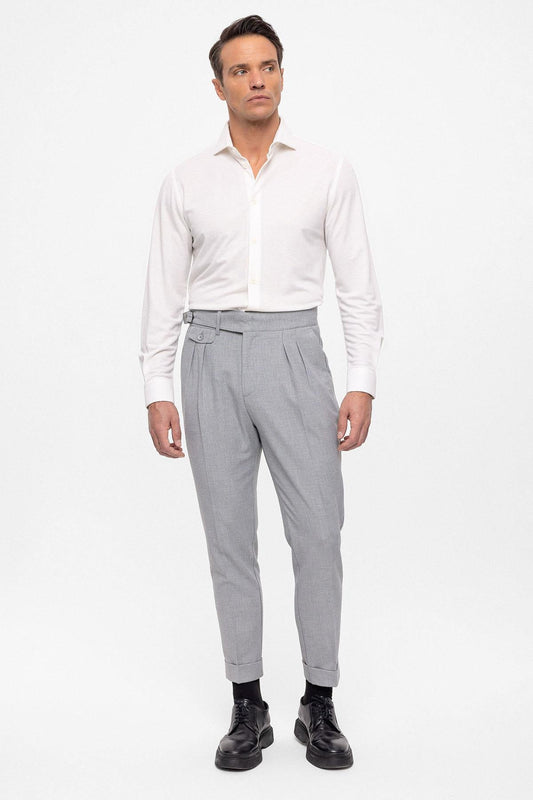 Men's Light Grey High Waist (Boyfriend) Pleated Fabric Trousers With Buckle Belt