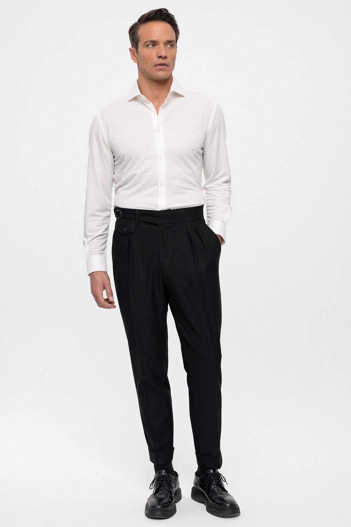 Men's Black High Waist (Boyfriend) Pleated Fabric Trousers With Buckle Belt