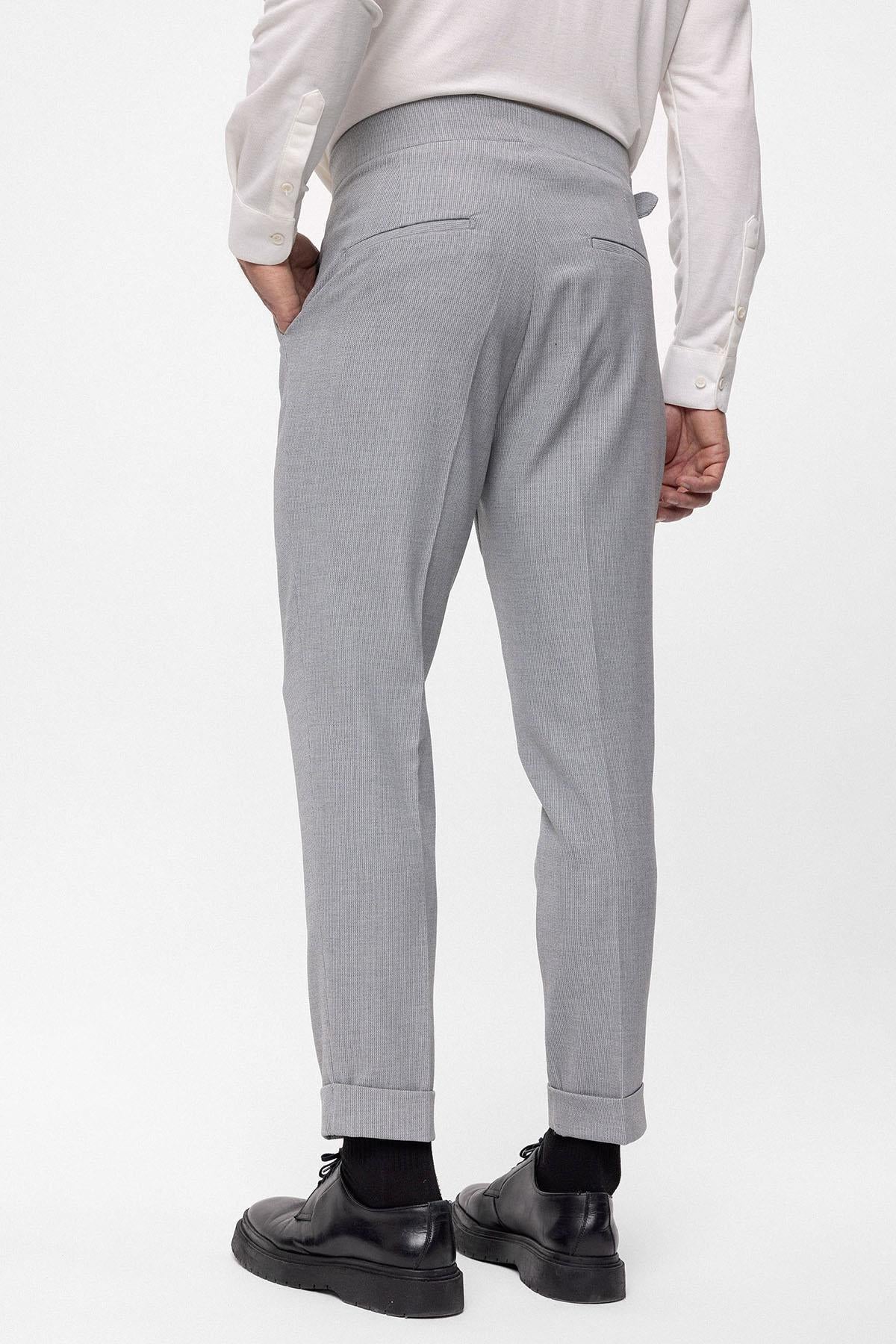 Men's Light Grey High Waist (Boyfriend) Pleated Fabric Trousers With Buckle Belt