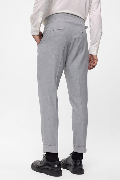 Men's Light Grey High Waist (Boyfriend) Pleated Fabric Trousers With Buckle Belt