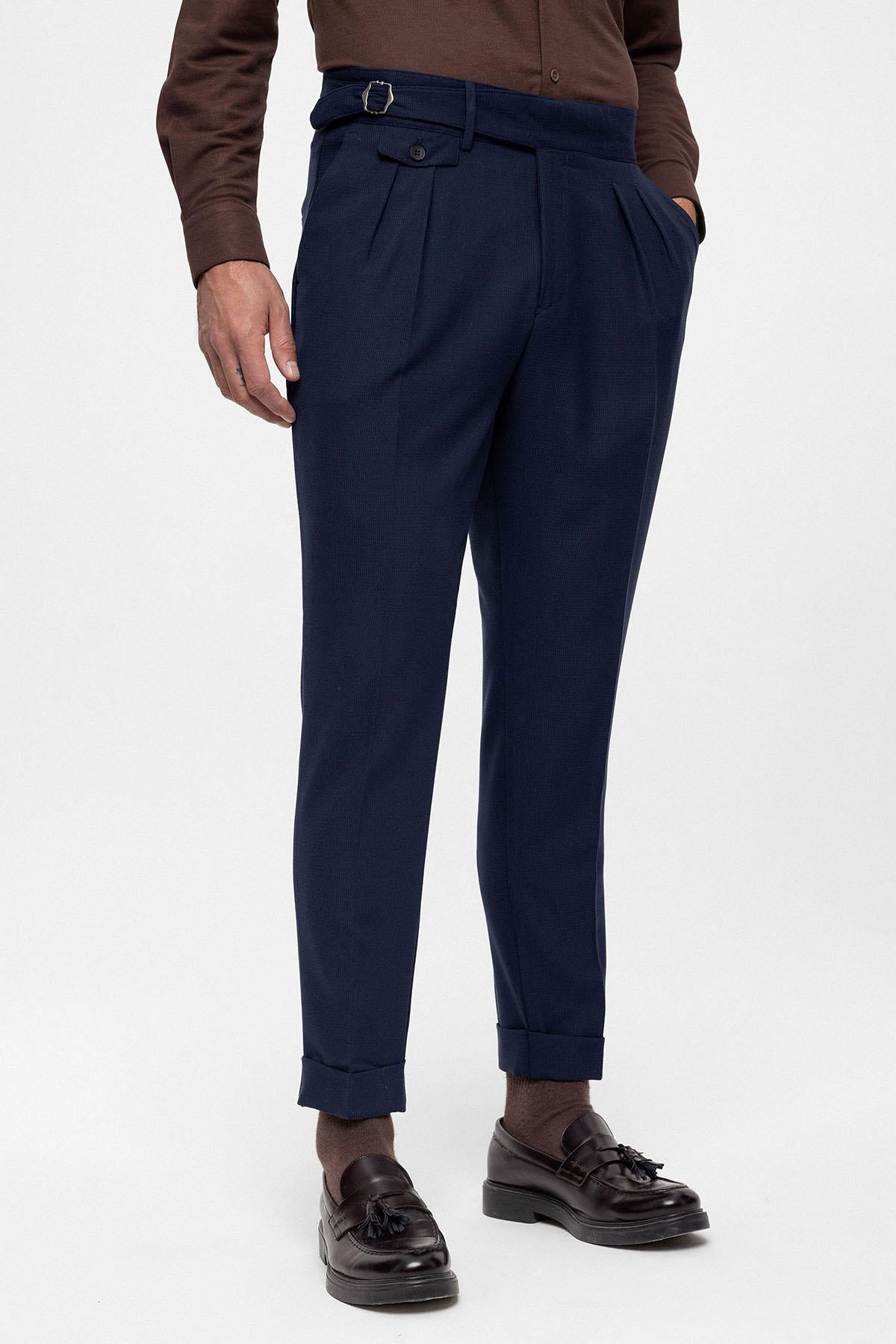 Men's Navy Blue High Waist (Boyfriend) Pleated Fabric Trousers With Buckle Belt