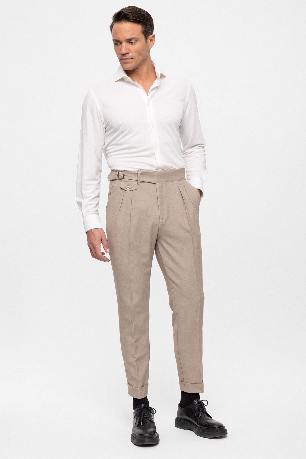 Men's Beige High Waist (Boyfriend) Pleated Fabric Trousers With Buckle Belt