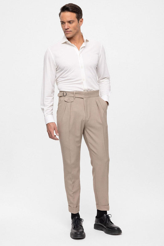 Men's Beige High Waist (Boyfriend) Pleated Fabric Trousers With Buckle Belt