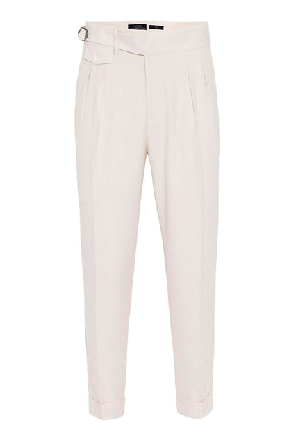 Men's Ecru High Waist (Boyfriend) Pleated Fabric Trousers With Buckle Belt