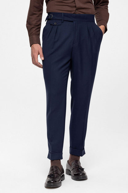 Men's Navy Blue High Waist (Boyfriend) Pleated Fabric Trousers With Buckle Belt