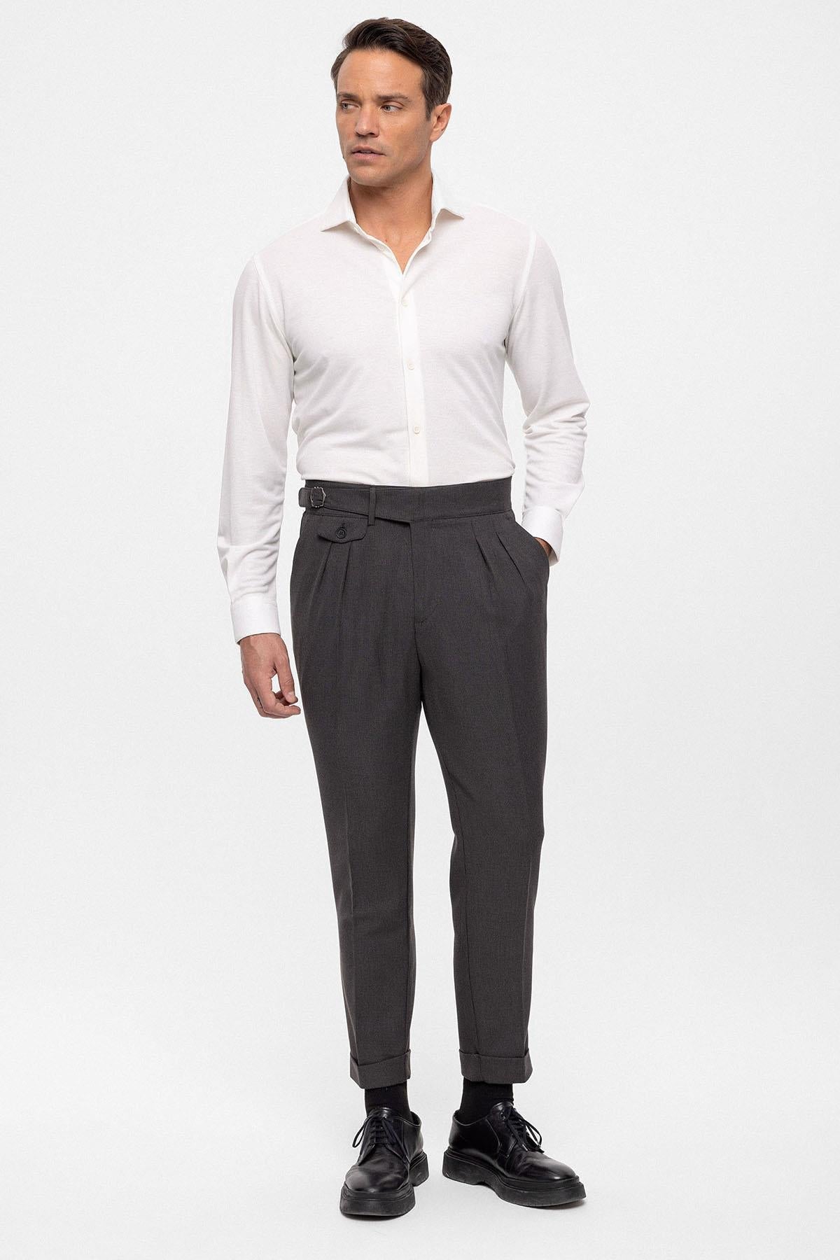 Men's Anthracite High Waist (Boyfriend) Pleated Fabric Trousers With Buckle Belt