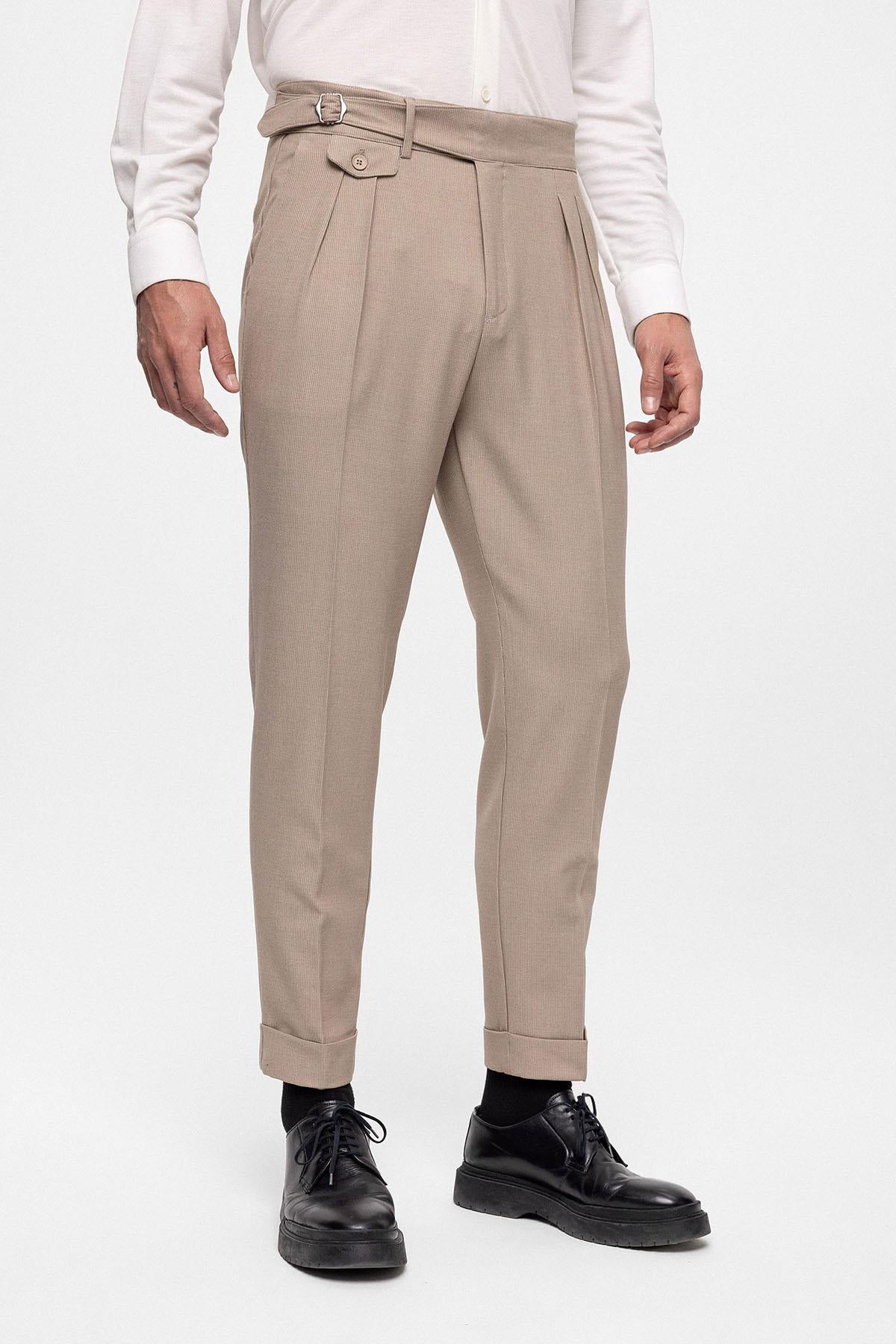 Men's Beige High Waist (Boyfriend) Pleated Fabric Trousers With Buckle Belt