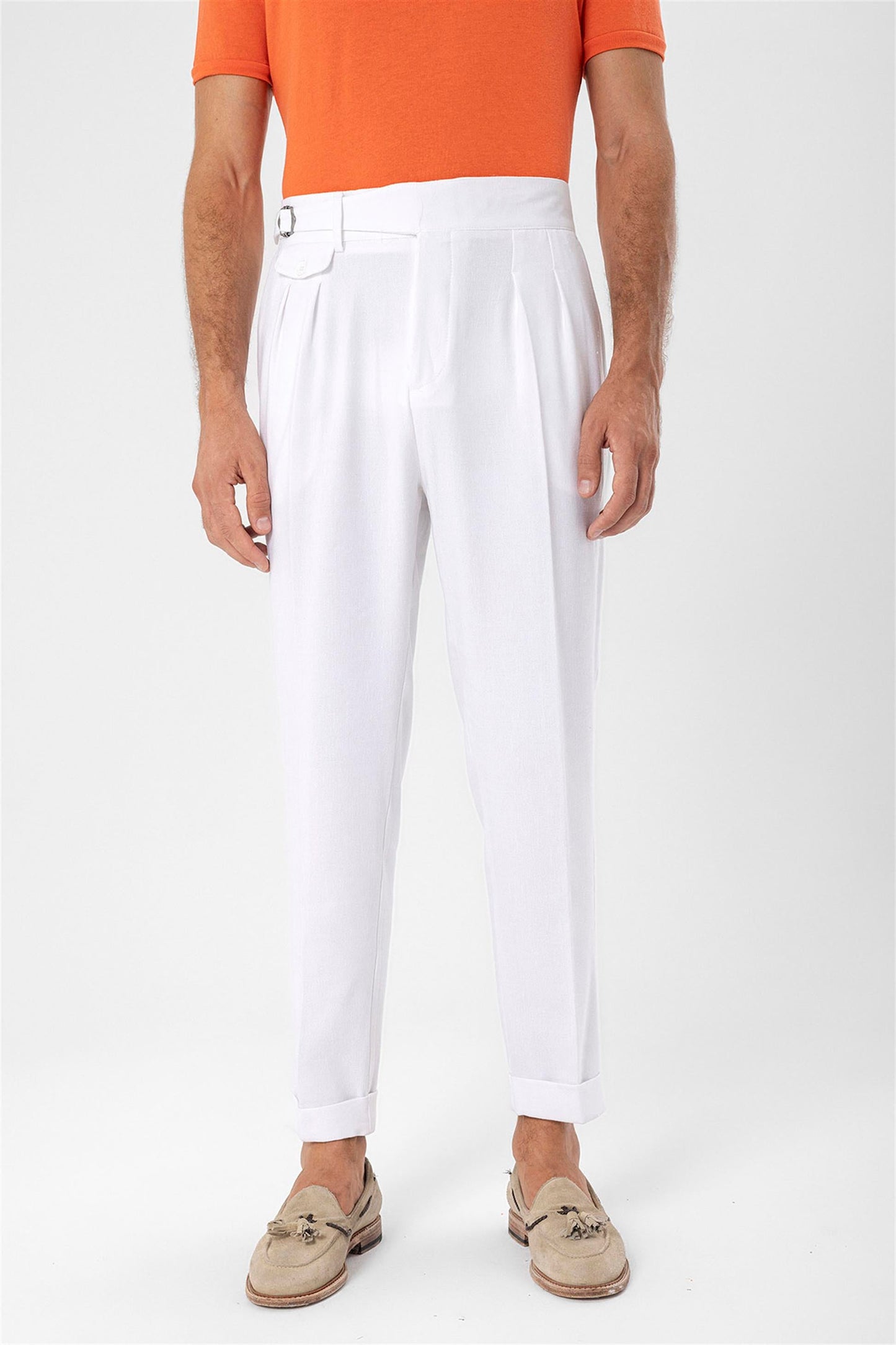 Men's White High Waist (Boyfriend) Pleated Fabric Trousers With Buckle Belt