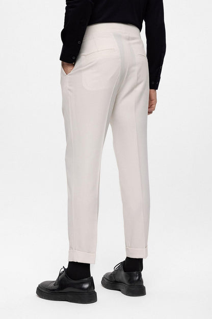 Men's Ecru High Waist (Boyfriend) Pleated Fabric Trousers With Buckle Belt