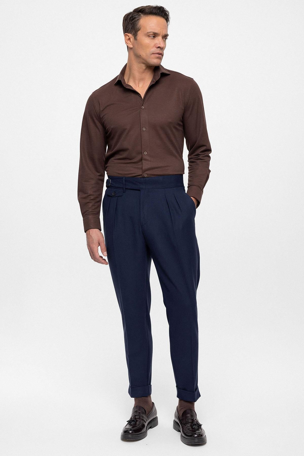 Men's Navy Blue High Waist (Boyfriend) Pleated Fabric Trousers With Buckle Belt