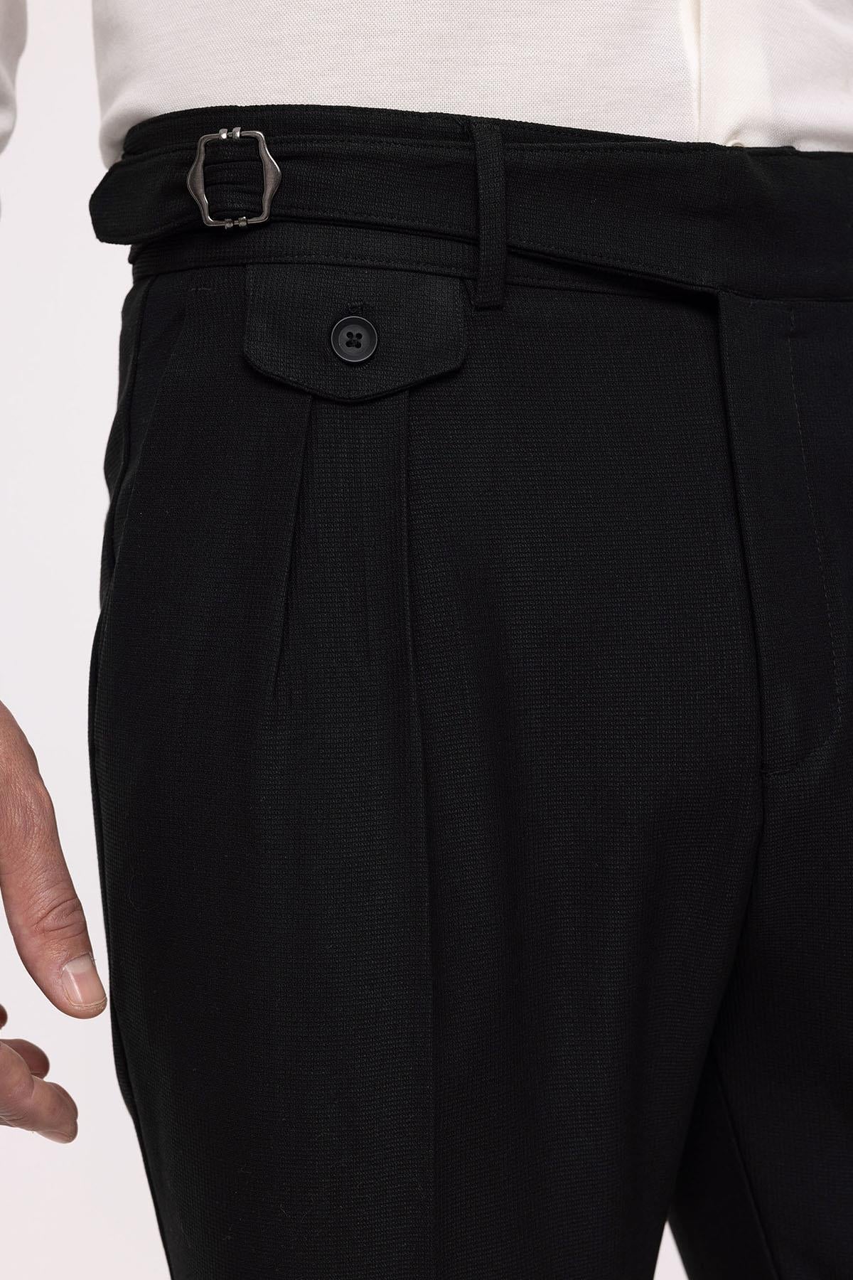 Men's Black High Waist (Boyfriend) Pleated Fabric Trousers With Buckle Belt