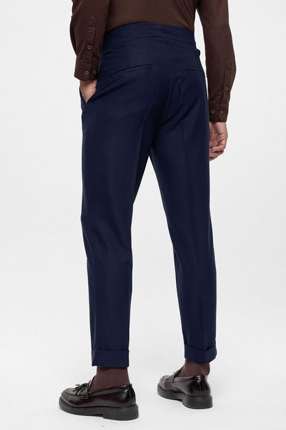 Men's Navy Blue High Waist (Boyfriend) Pleated Fabric Trousers With Buckle Belt