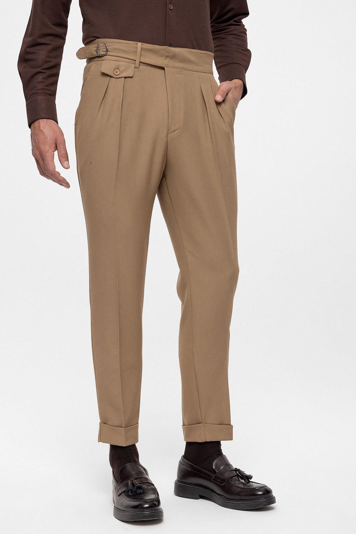Men's Camel High Waist (Boyfriend) Pleated Fabric Trousers With Buckle Belt
