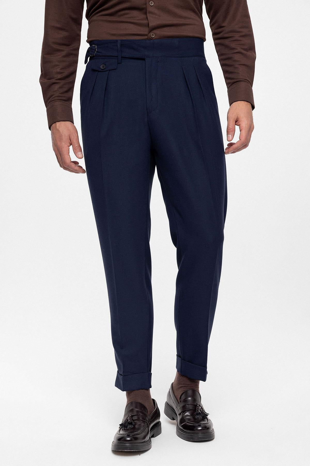 Men's Navy Blue High Waist (Boyfriend) Pleated Fabric Trousers With Buckle Belt