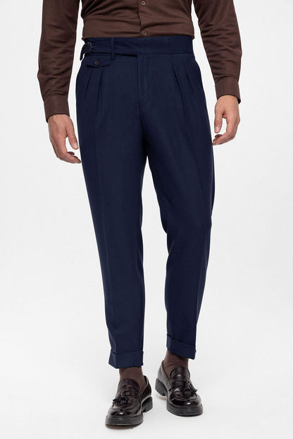 Men's Navy Blue High Waist (Boyfriend) Pleated Fabric Trousers With Buckle Belt