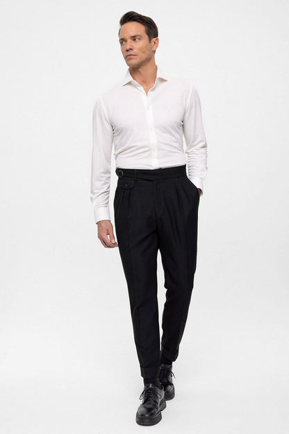 Men's Black High Waist (Boyfriend) Pleated Fabric Trousers With Buckle Belt