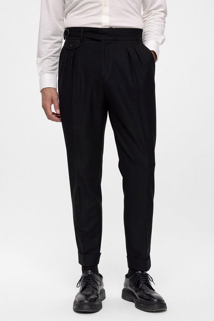 Men's Black High Waist (Boyfriend) Pleated Fabric Trousers With Buckle Belt