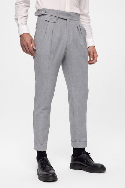 Men's Light Grey High Waist (Boyfriend) Pleated Fabric Trousers With Buckle Belt