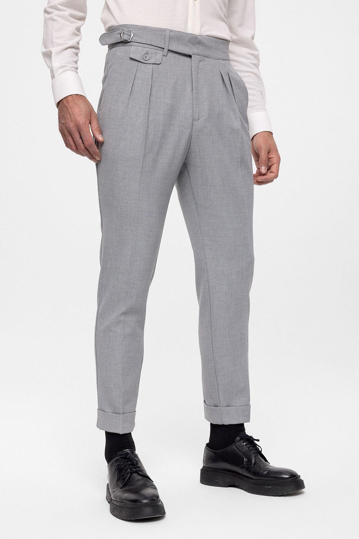 Men's Light Grey High Waist (Boyfriend) Pleated Fabric Trousers With Buckle Belt