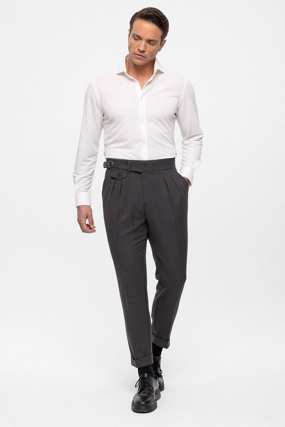 Men's Anthracite High Waist (Boyfriend) Pleated Fabric Trousers With Buckle Belt