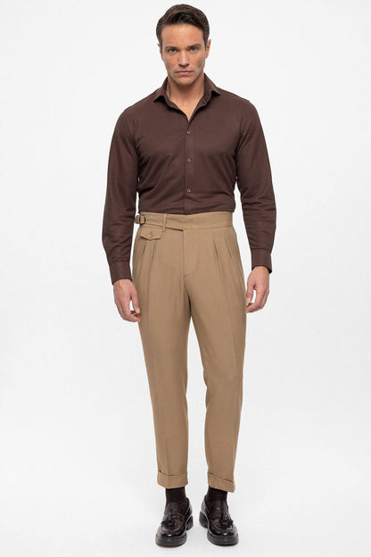 Men's Camel High Waist (Boyfriend) Pleated Fabric Trousers With Buckle Belt
