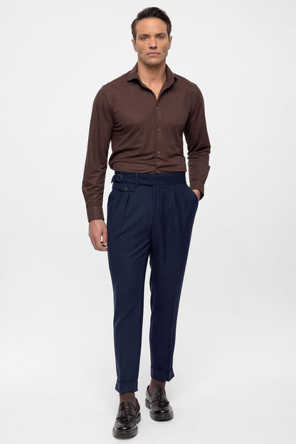 Men's Navy Blue High Waist (Boyfriend) Pleated Fabric Trousers With Buckle Belt