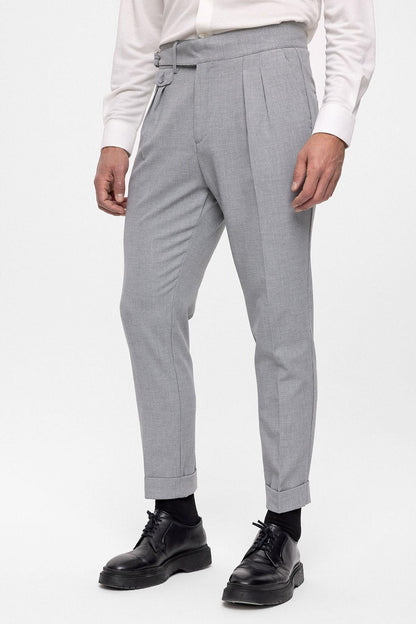 Men's Light Grey High Waist (Boyfriend) Pleated Fabric Trousers With Buckle Belt