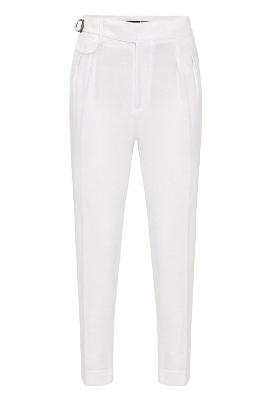 Men's White High Waist (Boyfriend) Pleated Fabric Trousers With Buckle Belt