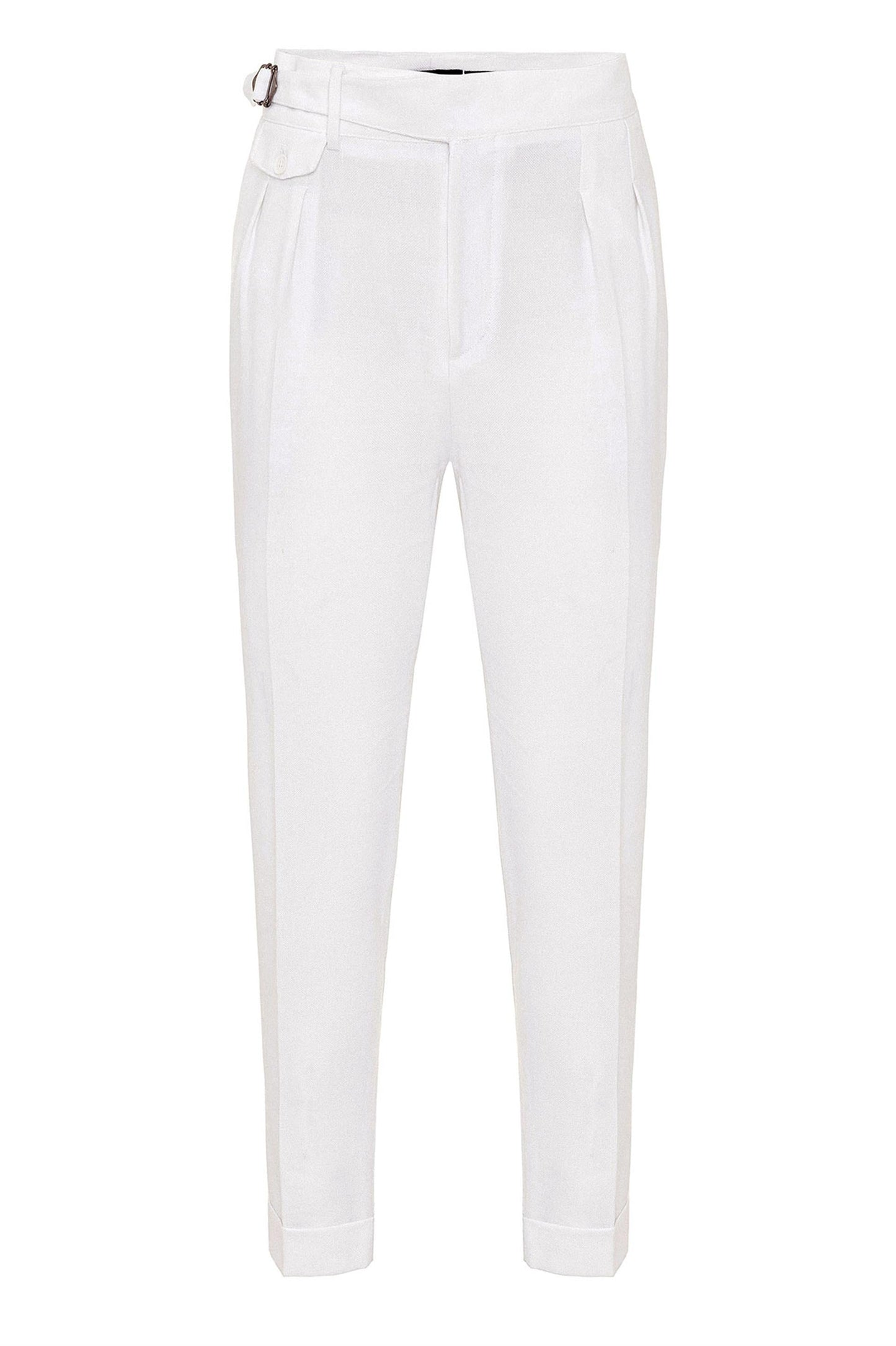 Men's White High Waist (Boyfriend) Pleated Fabric Trousers With Buckle Belt